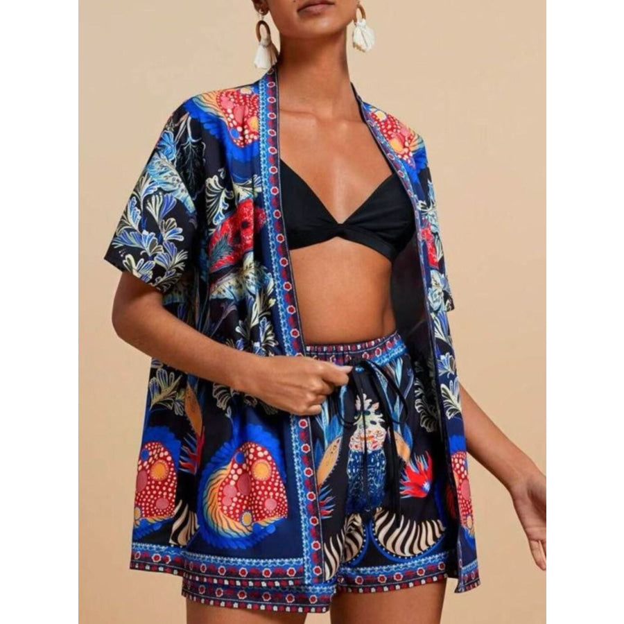 Printed Open Front Cardigan and Shorts Set Navy / XS Apparel and Accessories