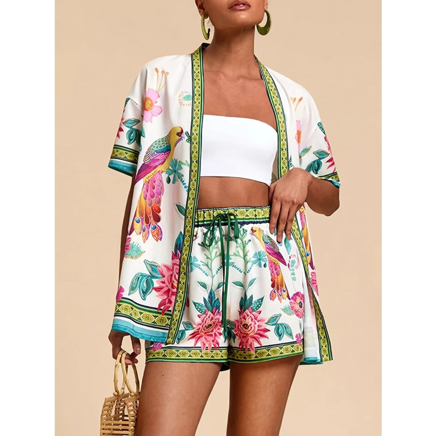 Printed Open Front Cardigan and Shorts Set Sage / XS Apparel and Accessories