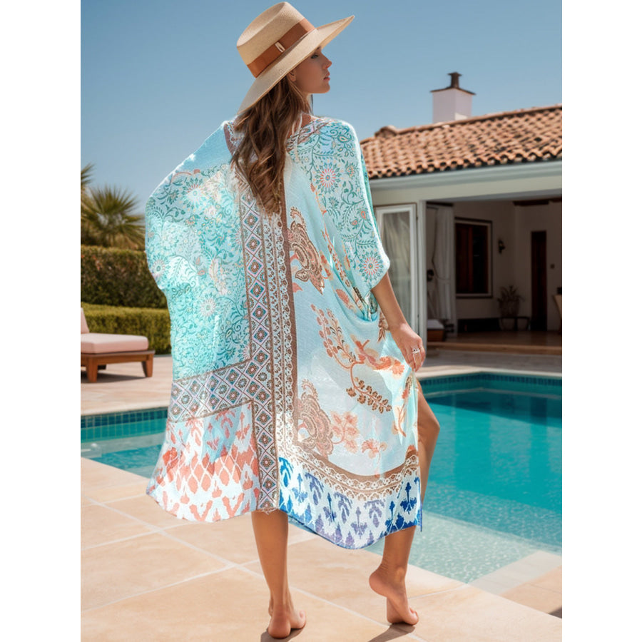 Printed Open Front Cover-Up Pastel Blue / One Size Apparel and Accessories