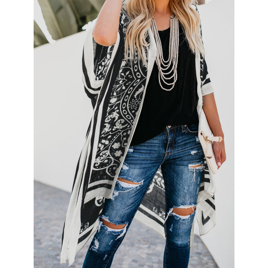 Printed Open Front Cover-Up Black / One Size Apparel and Accessories