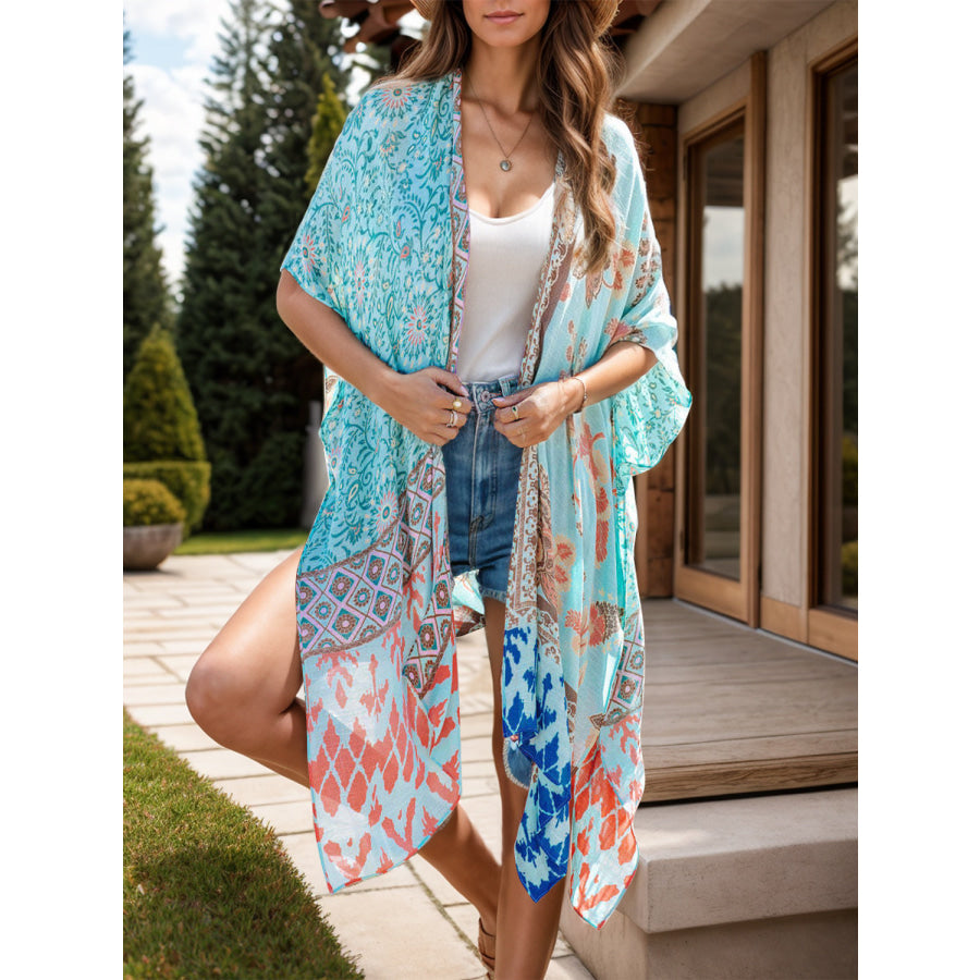 Printed Open Front Cover-Up Pastel Blue / One Size Apparel and Accessories
