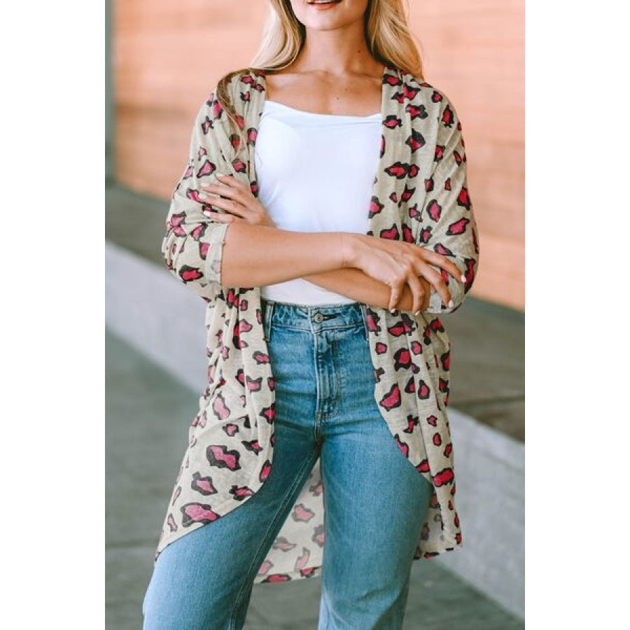 Printed Open Front Half Sleeve Cardigan Beige / S Clothing