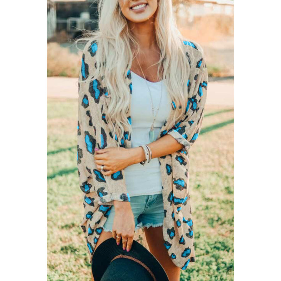 Printed Open Front Half Sleeve Cardigan Pastel Blue / 2XL Clothing