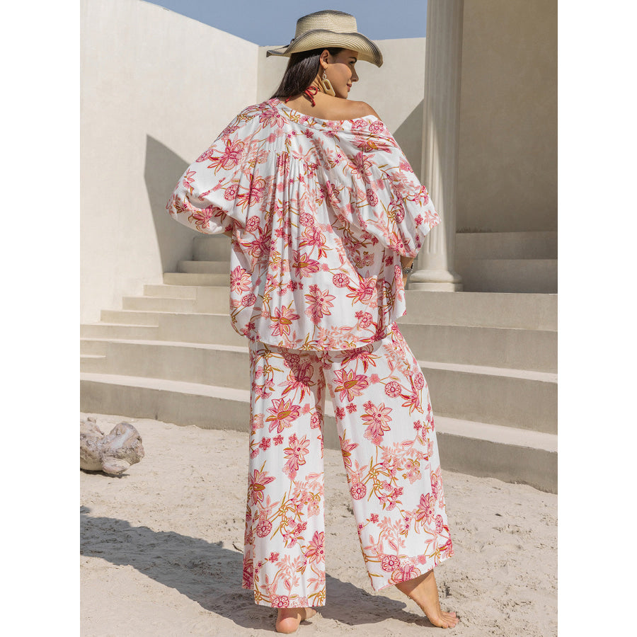 Printed Open Front Half Sleeve Top and Pants Set Blush Pink / S Apparel and Accessories