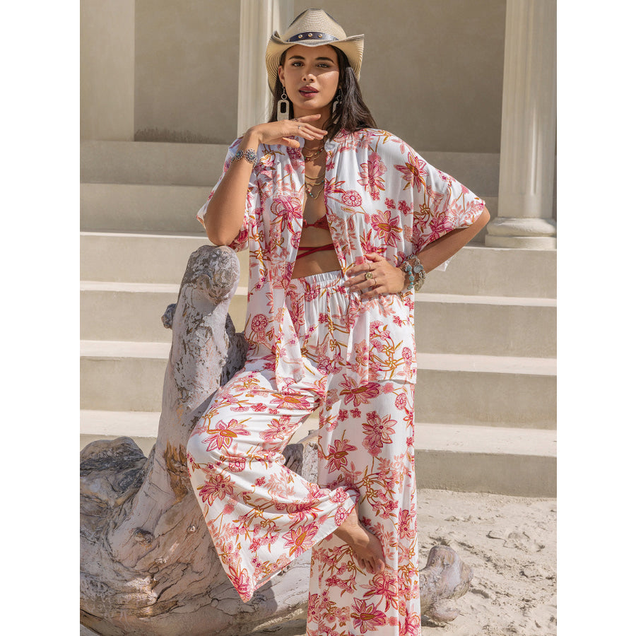 Printed Open Front Half Sleeve Top and Pants Set Apparel and Accessories