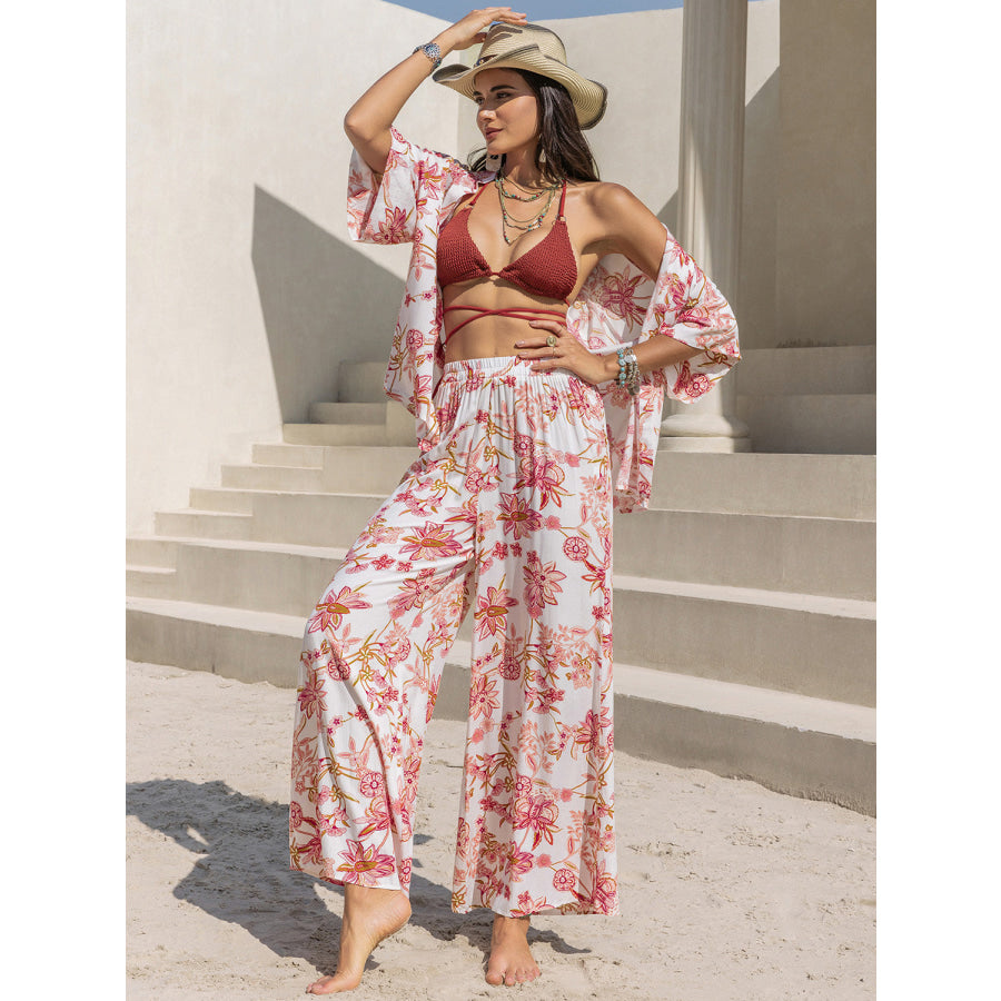 Printed Open Front Half Sleeve Top and Pants Set Apparel and Accessories