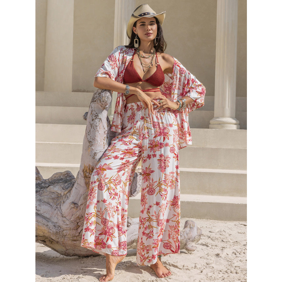 Printed Open Front Half Sleeve Top and Pants Set Apparel and Accessories