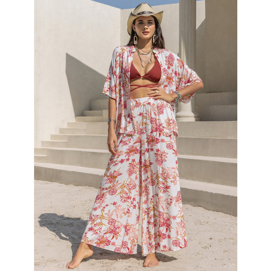 Printed Open Front Half Sleeve Top and Pants Set Blush Pink / S Apparel and Accessories