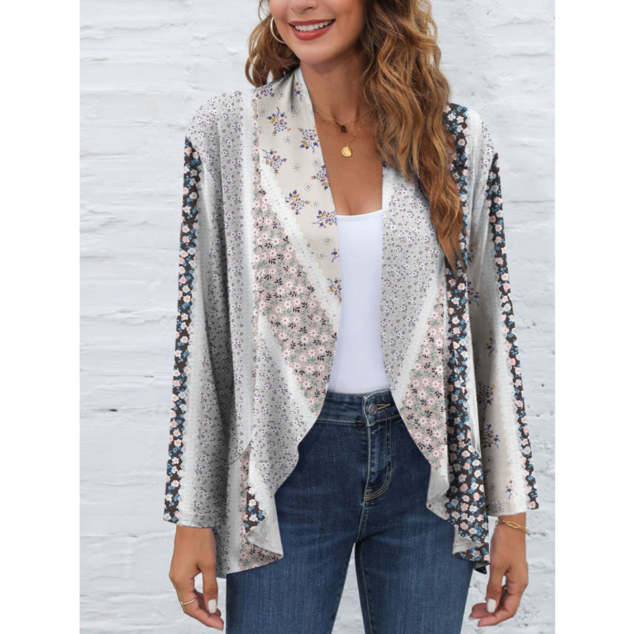 Printed Open Front Long Sleeve Cardigan Eggshell / S Apparel and Accessories