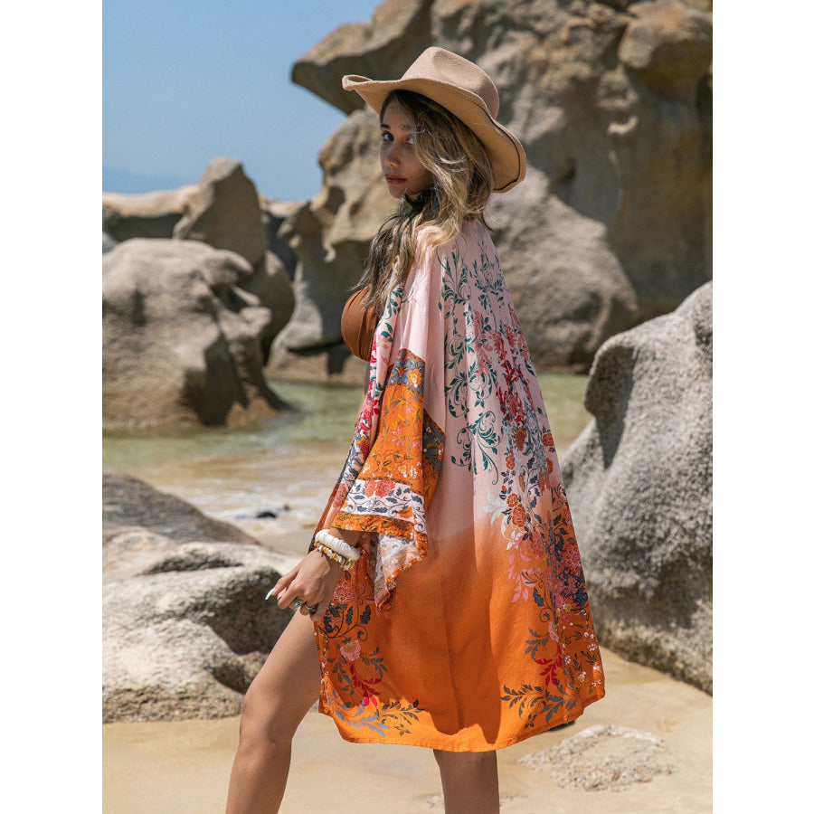 Printed Open Front Long Sleeve Cover-Up Orange / S Apparel and Accessories