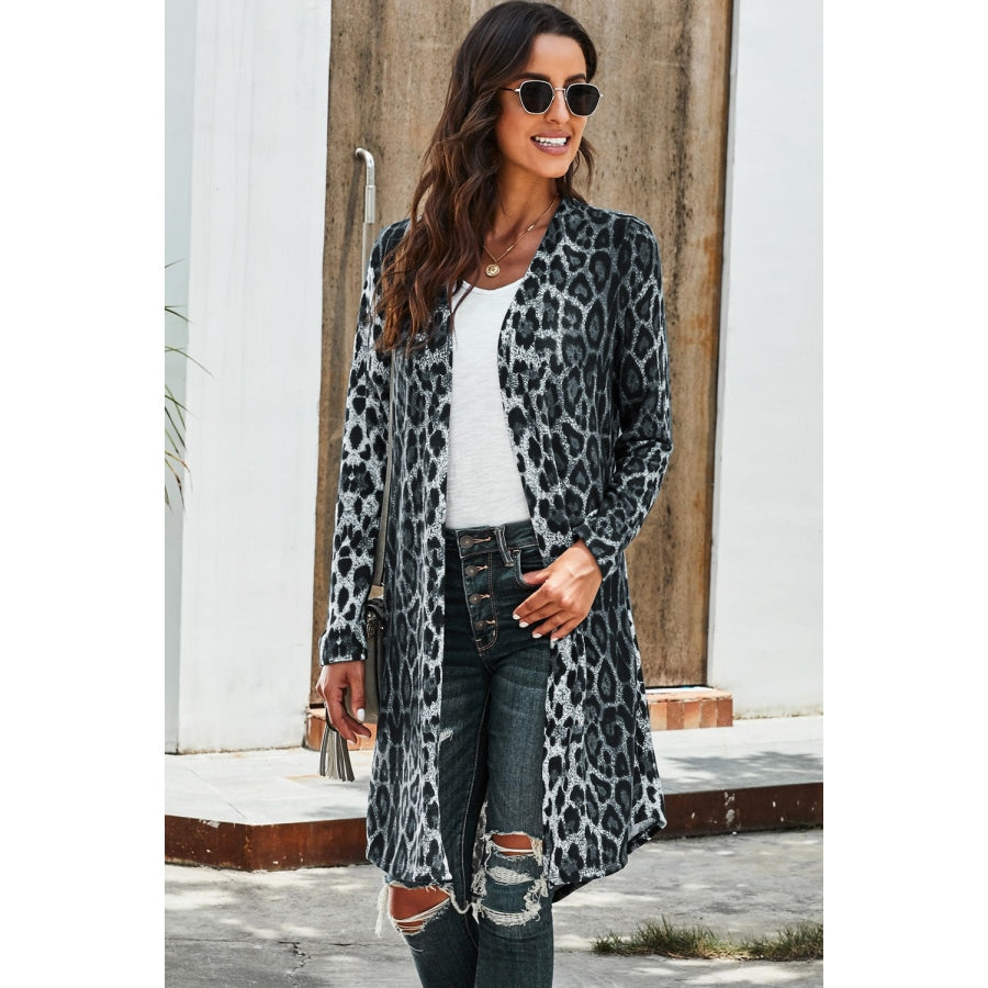 Printed Open Front Longline Cardigan Dark Leopard / 2XL