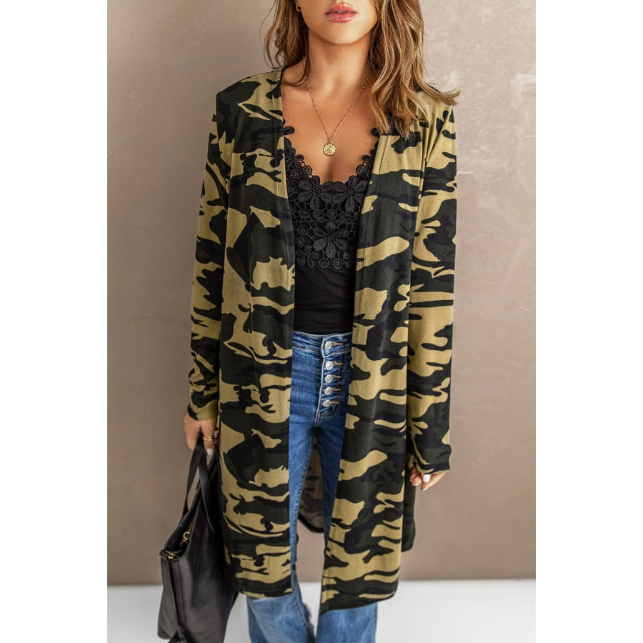 Printed Open Front Longline Cardigan Green Camouflage / S