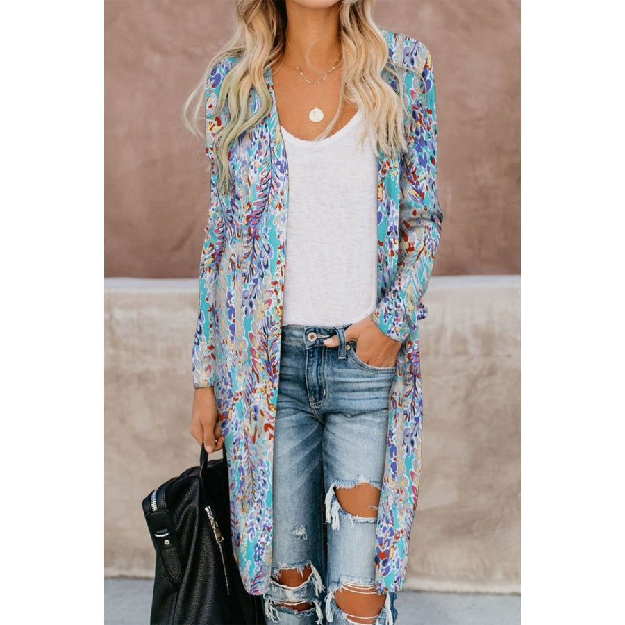 Printed Open Front Longline Cardigan Leaf / S