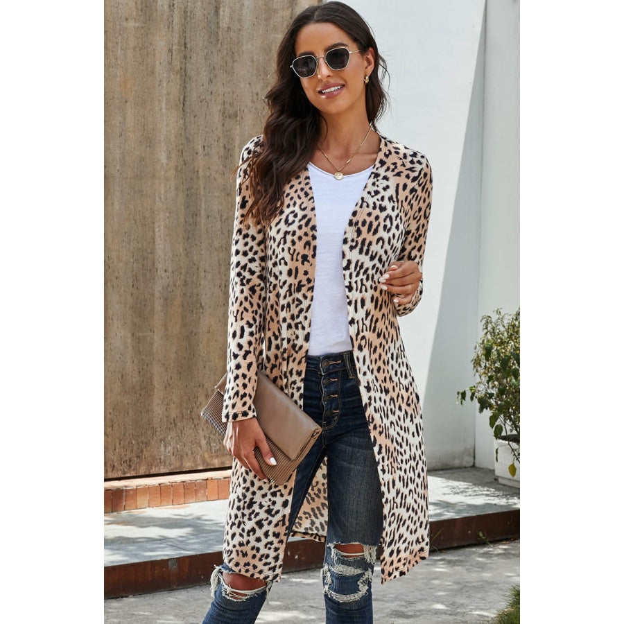 Printed Open Front Longline Cardigan Leopard / S