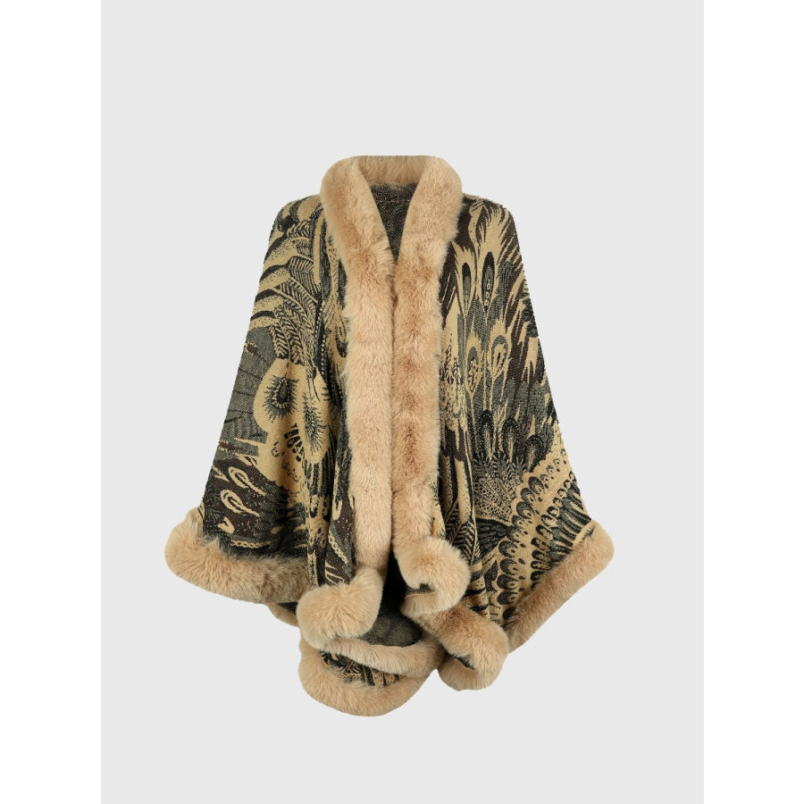 Printed Open Front Poncho Khaki / One Size