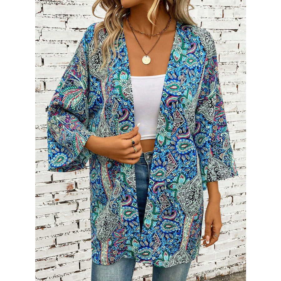 Printed Open Front Three-Quarter Sleeve Cover Up Teal / One Size Apparel and Accessories