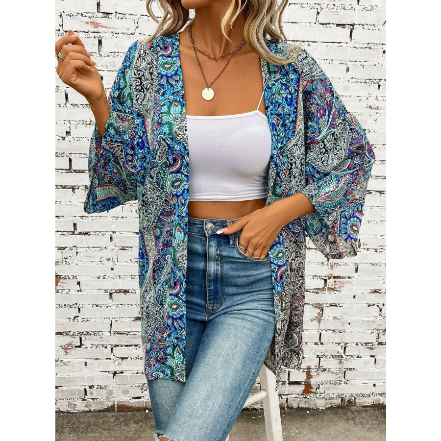Printed Open Front Three-Quarter Sleeve Cover Up Teal / One Size Apparel and Accessories