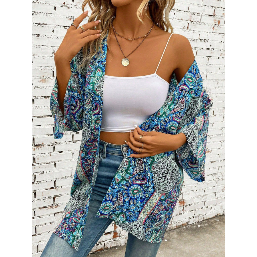 Printed Open Front Three-Quarter Sleeve Cover Up Teal / One Size Apparel and Accessories