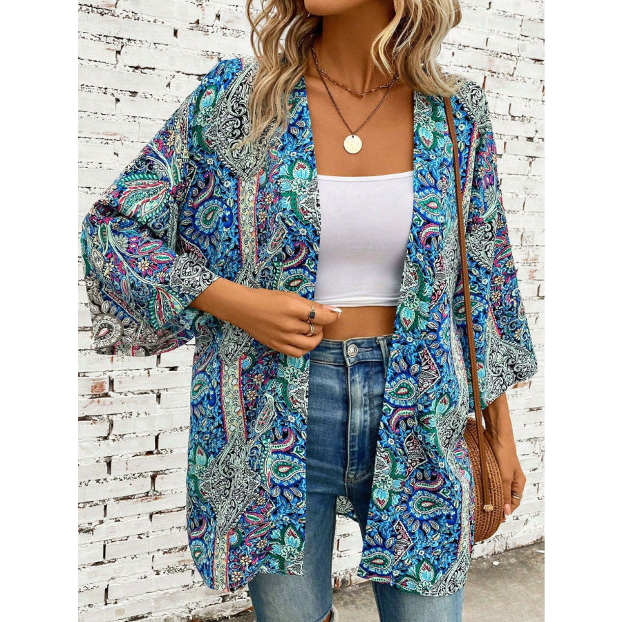 Printed Open Front Three-Quarter Sleeve Cover Up Teal / One Size Apparel and Accessories