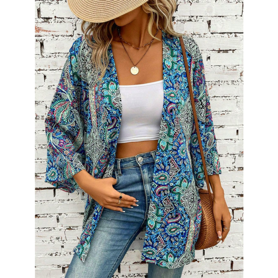 Printed Open Front Three-Quarter Sleeve Cover Up Teal / One Size Apparel and Accessories