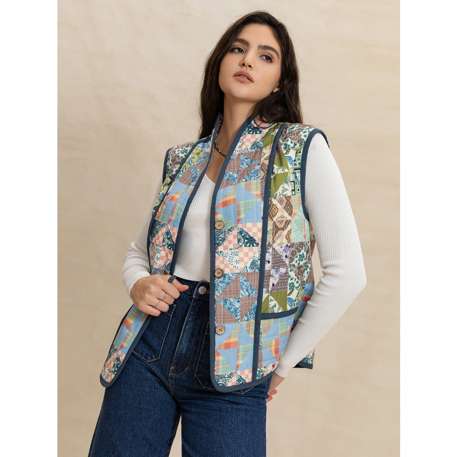 Printed Patchwork Contrast Piping Vest Apparel and Accessories