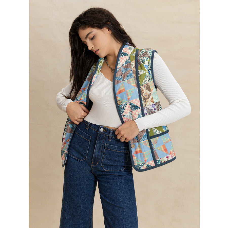 Printed Patchwork Contrast Piping Vest Apparel and Accessories