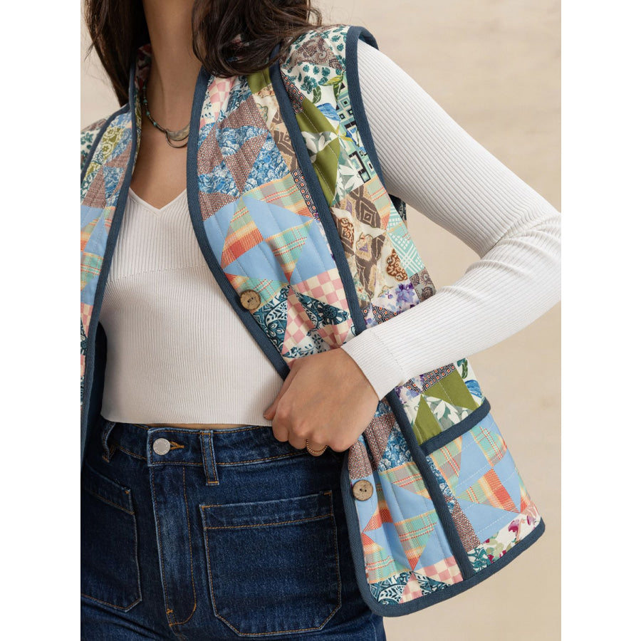 Printed Patchwork Contrast Piping Vest Apparel and Accessories