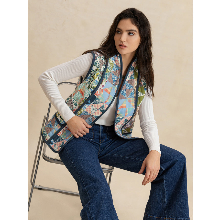 Printed Patchwork Contrast Piping Vest Apparel and Accessories