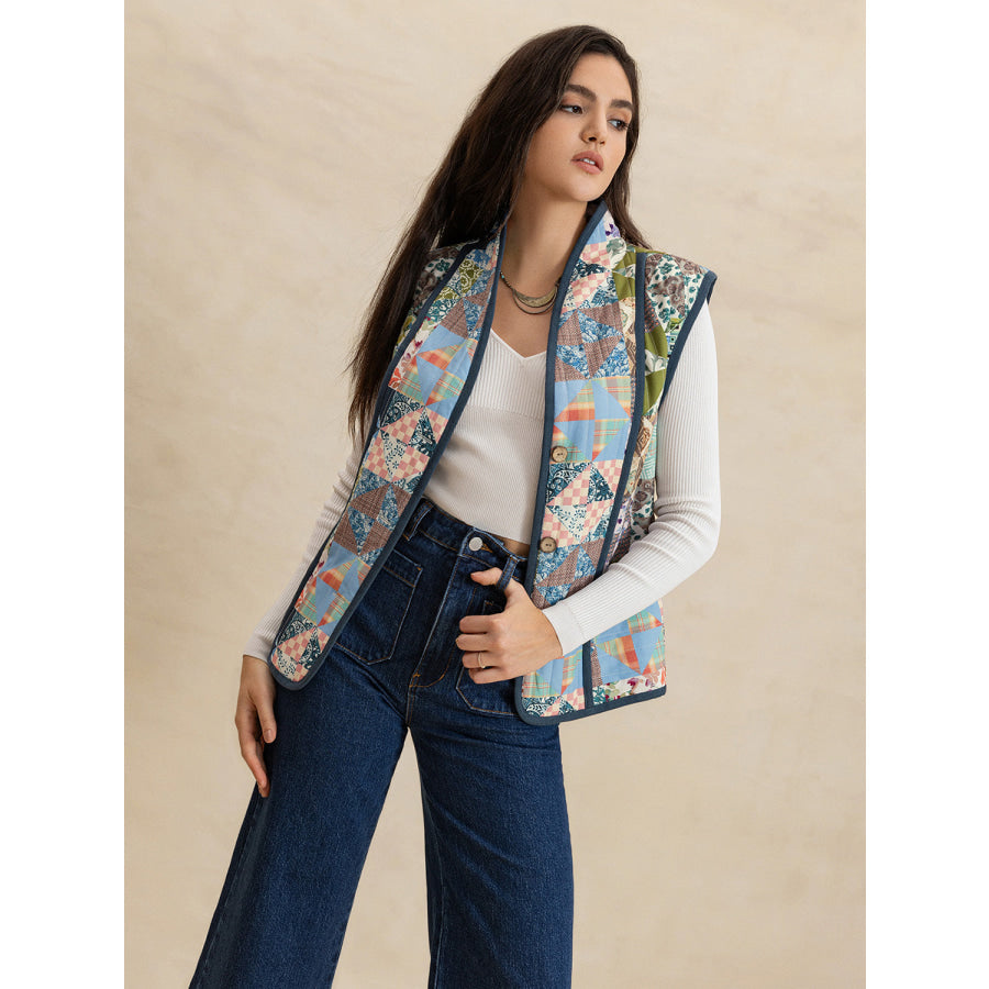 Printed Patchwork Contrast Piping Vest Apparel and Accessories