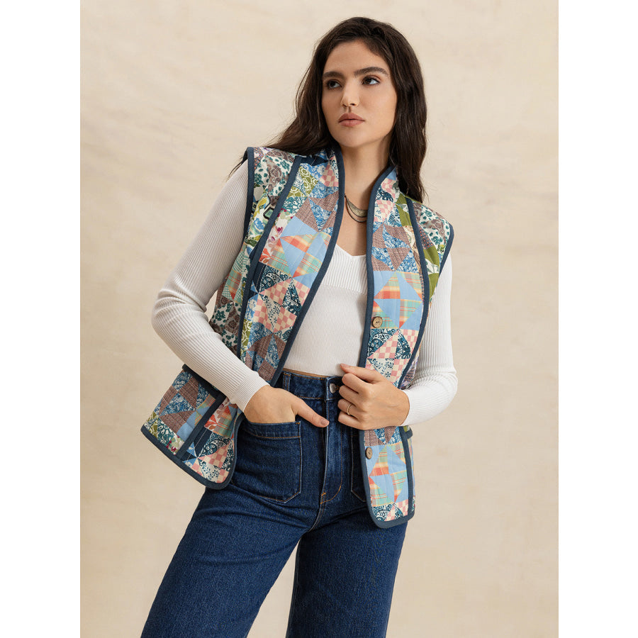 Printed Patchwork Contrast Piping Vest Multicolor / S Apparel and Accessories