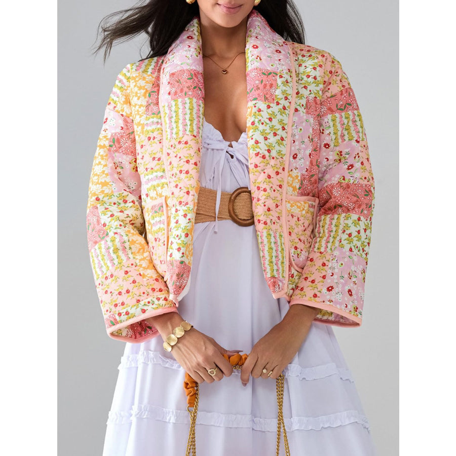 Printed Patchwork Open Front Cardigan with Pockets Apparel and Accessories