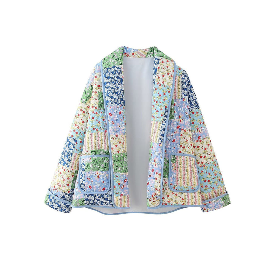 Printed Patchwork Open Front Cardigan with Pockets Apparel and Accessories