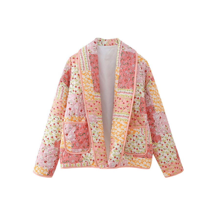 Printed Patchwork Open Front Cardigan with Pockets Apparel and Accessories