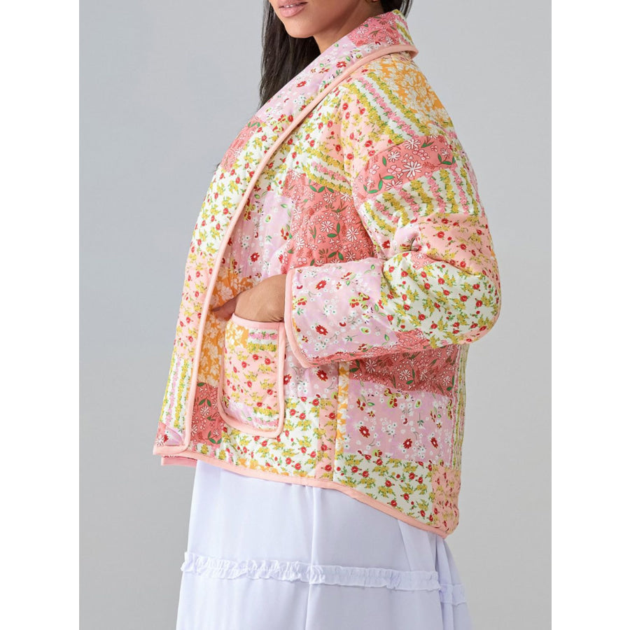 Printed Patchwork Open Front Cardigan with Pockets Apparel and Accessories