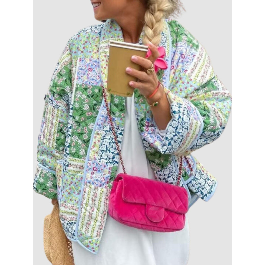 Printed Patchwork Open Front Cardigan with Pockets Apparel and Accessories