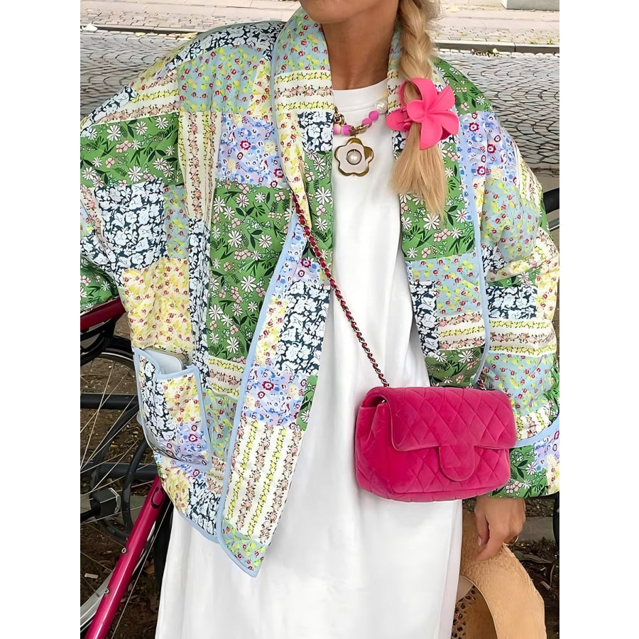 Printed Patchwork Open Front Cardigan with Pockets Gum Leaf / S Apparel and Accessories