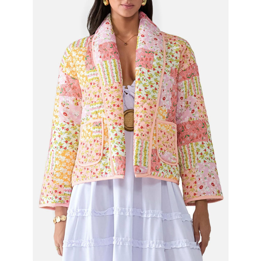 Printed Patchwork Open Front Cardigan with Pockets Watermelon pink / S Apparel and Accessories