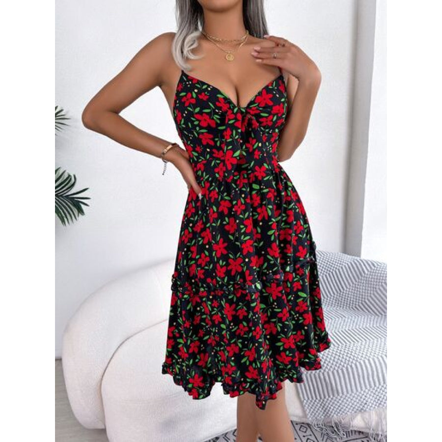 Printed Plunge Cap Sleeve Cami Dress Black / S Apparel and Accessories