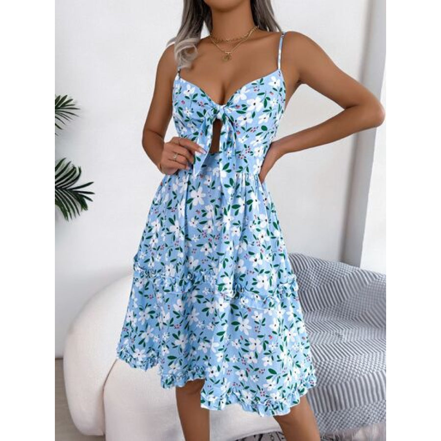 Printed Plunge Cap Sleeve Cami Dress Pastel Blue / S Apparel and Accessories