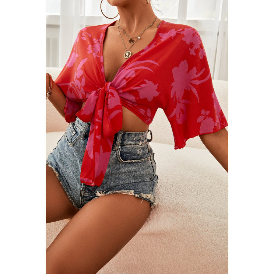 Printed Plunge Half Sleeve Blouse Apparel and Accessories