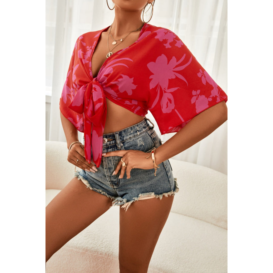 Printed Plunge Half Sleeve Blouse Apparel and Accessories