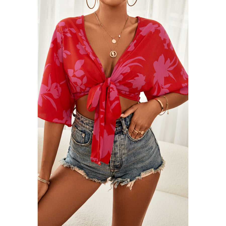 Printed Plunge Half Sleeve Blouse Deep Red / S Apparel and Accessories