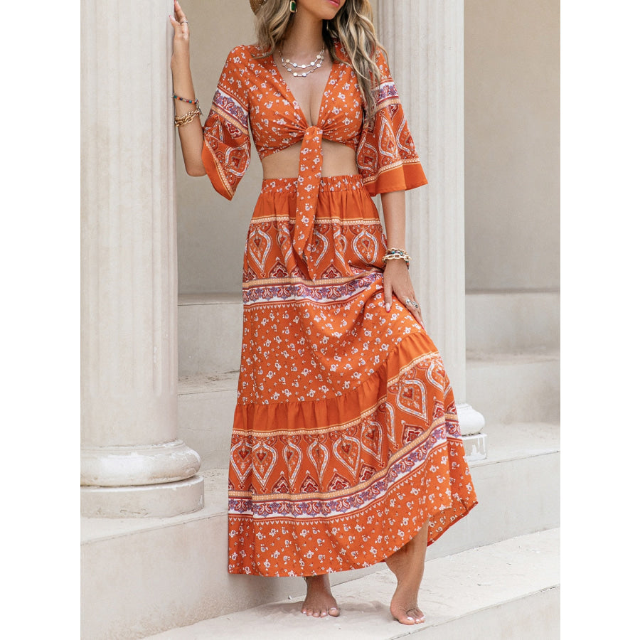 Printed Plunge Half Sleeve Top and Skirt Set Apparel and Accessories