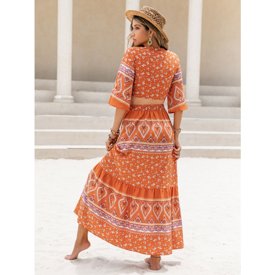 Printed Plunge Half Sleeve Top and Skirt Set Apparel and Accessories