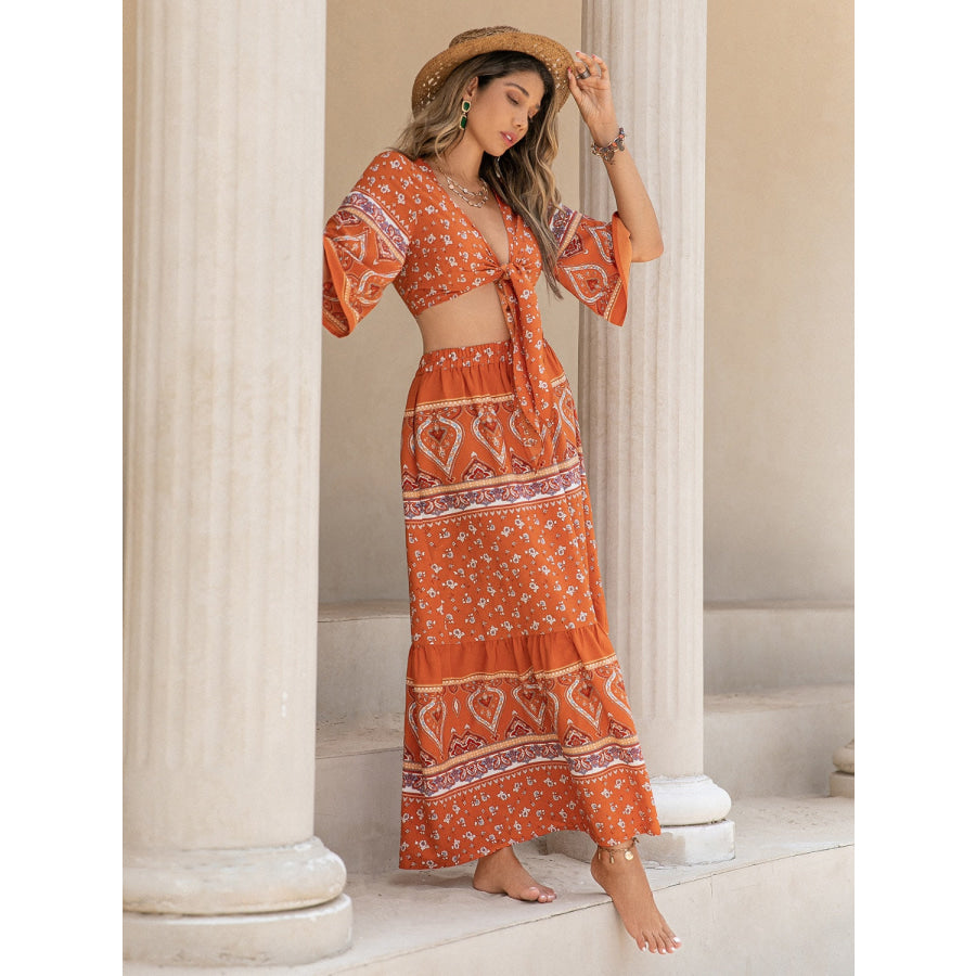 Printed Plunge Half Sleeve Top and Skirt Set Apparel and Accessories