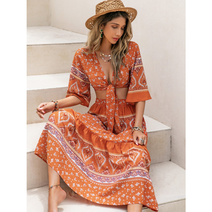 Printed Plunge Half Sleeve Top and Skirt Set Apparel and Accessories