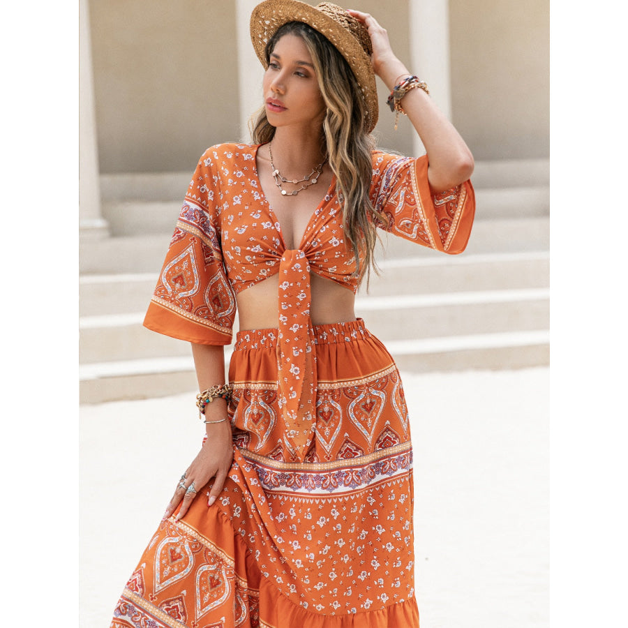 Printed Plunge Half Sleeve Top and Skirt Set Apparel and Accessories