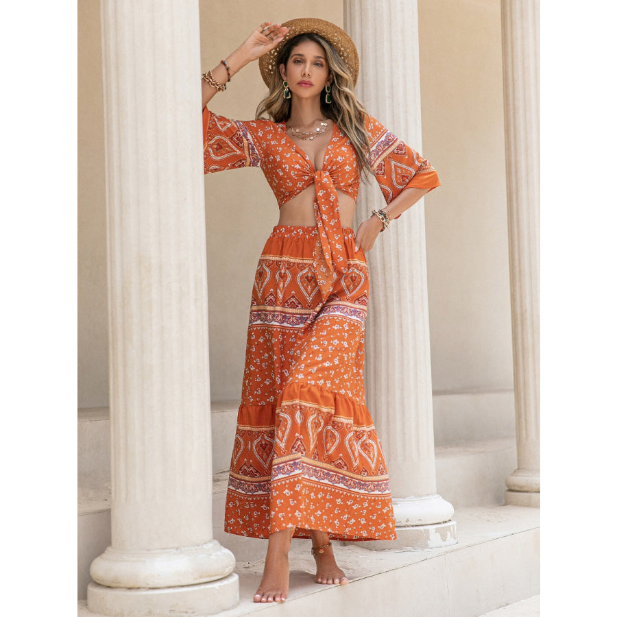 Printed Plunge Half Sleeve Top and Skirt Set Orange / S Apparel and Accessories