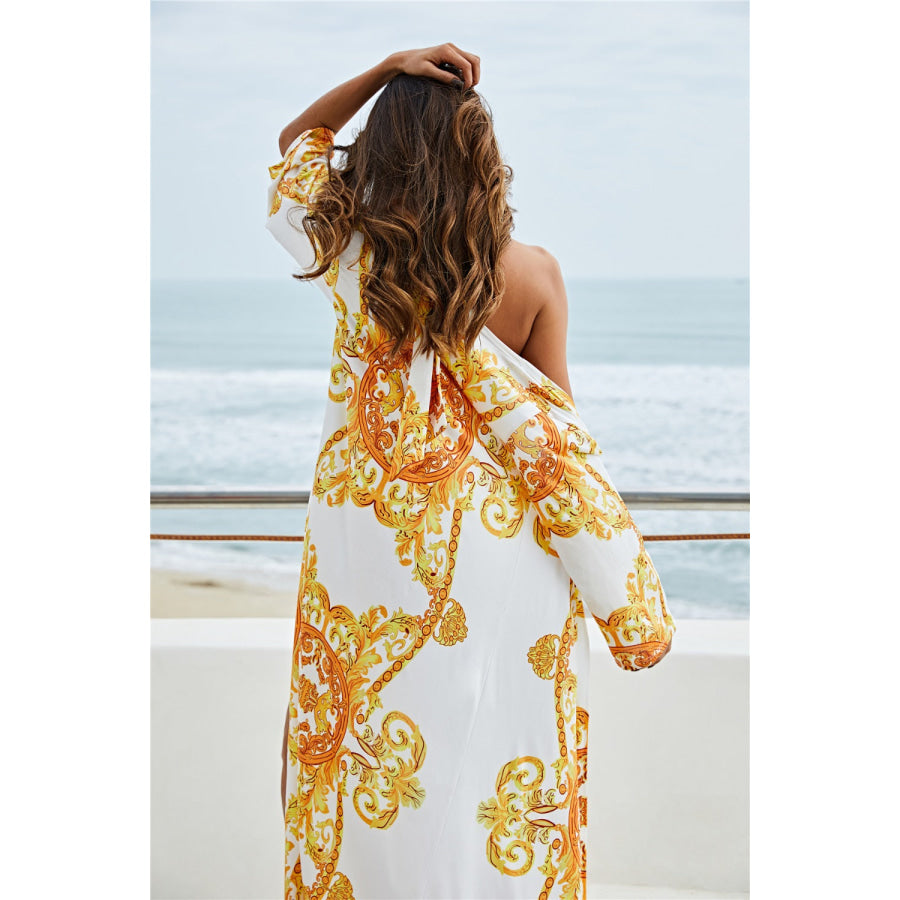 Printed Plunge Halter Neck Swimwear and Cardigan Set Apparel Accessories