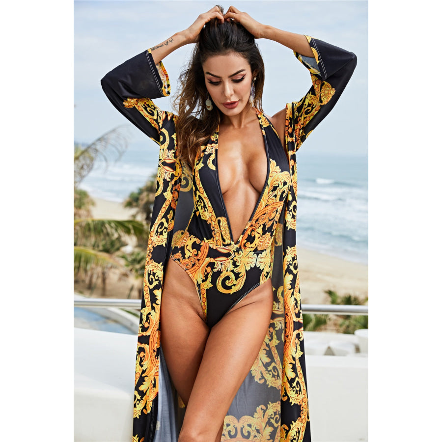 Printed Plunge One-Piece and Cover Up Swim Set Gold / M Apparel and Accessories